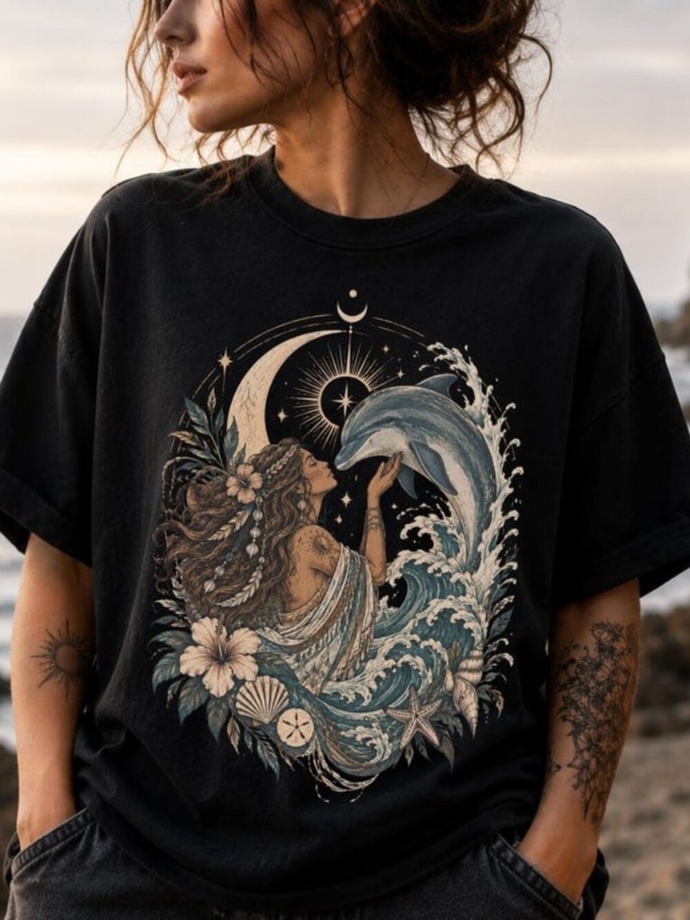 Boho Siren Dolphin Mermaid Ocean Tee